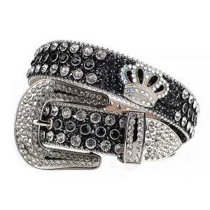 Sm  Rhinestones Black Leather Strap Belts Crystal White And Black Stones With Crown