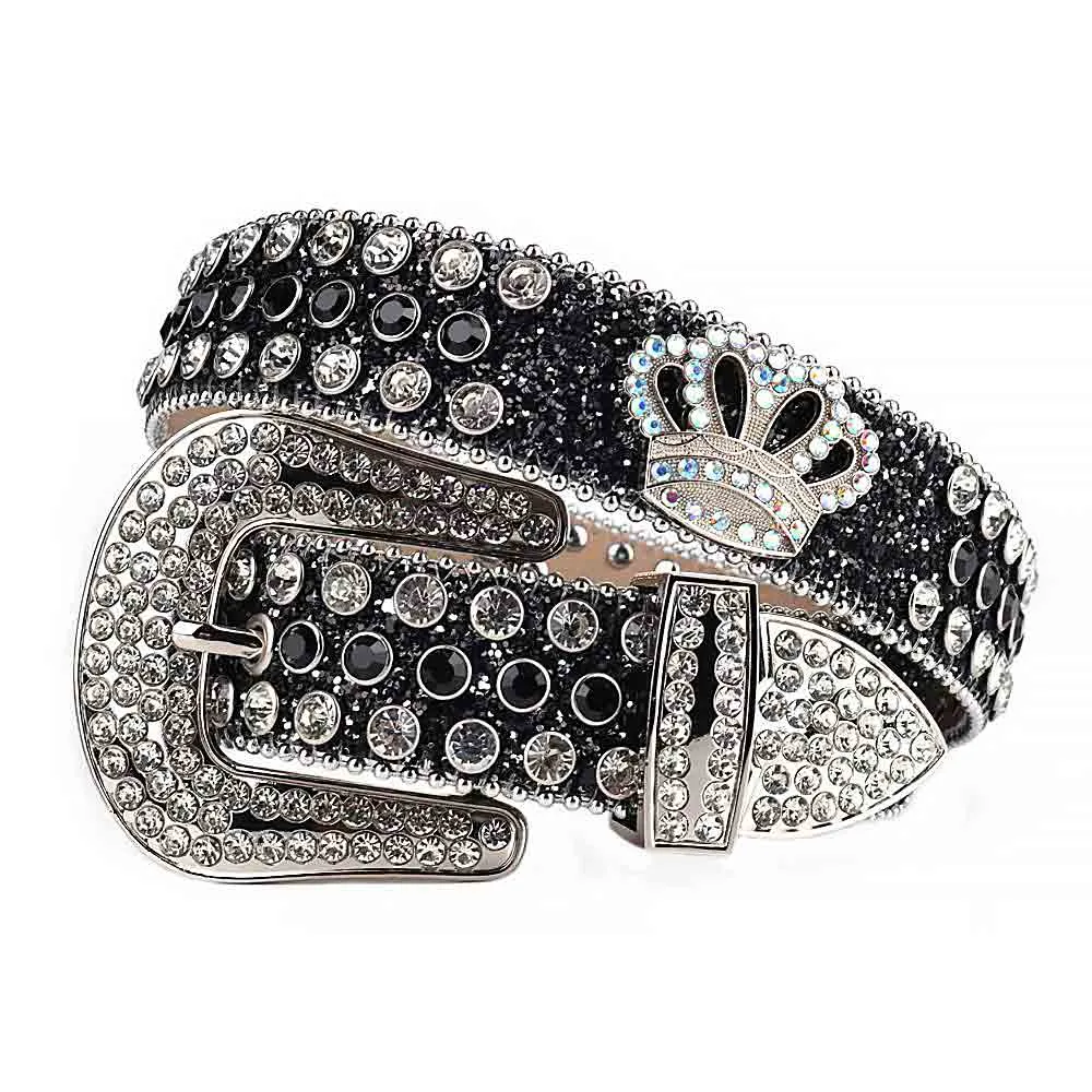 Sm  Rhinestones Black Leather Strap Belts Crystal White And Black Stones With Crown
