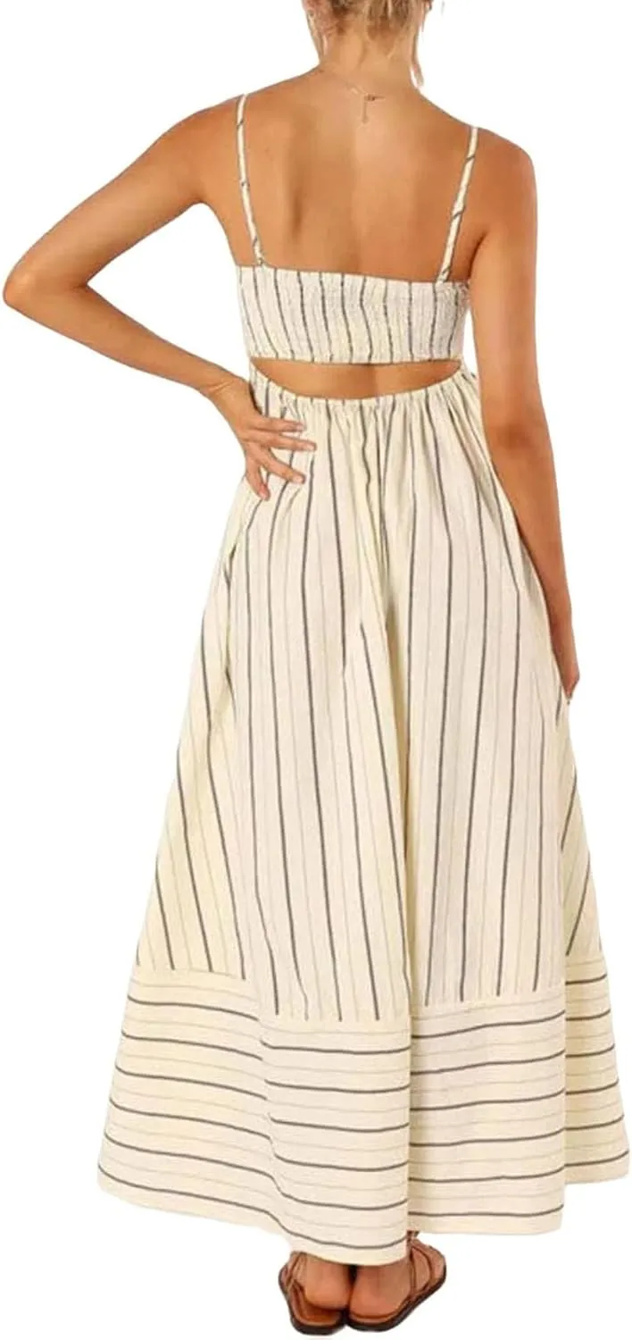 Smocked Dress Women Midi Striped Summer Maxi Dresses Sexy Spaghetti Strap Sleeveless Flowy Swing Boho Cutout Beach