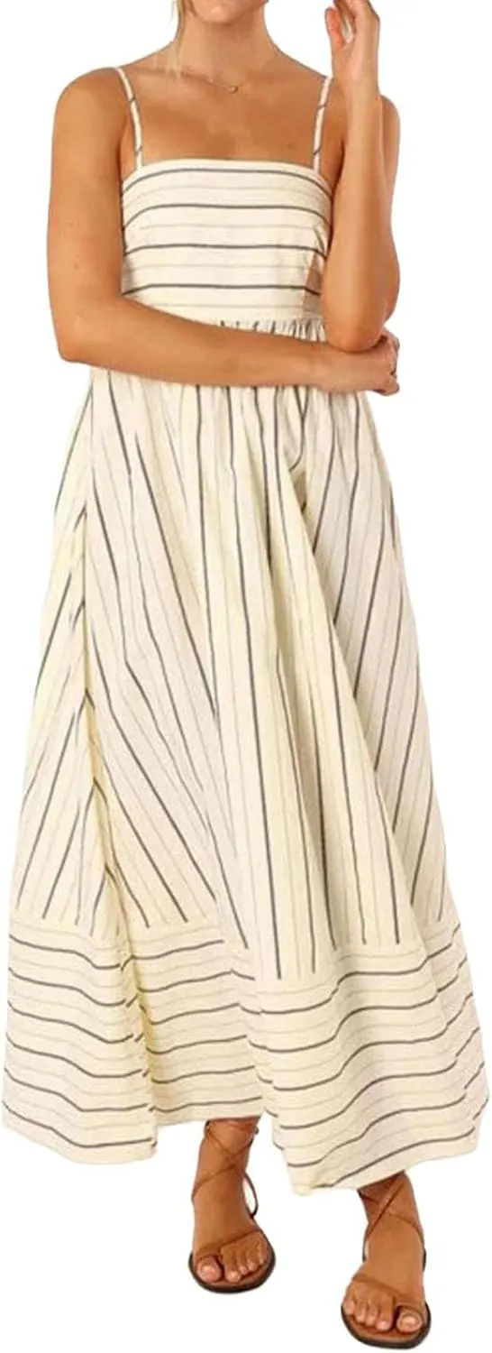 Smocked Dress Women Midi Striped Summer Maxi Dresses Sexy Spaghetti Strap Sleeveless Flowy Swing Boho Cutout Beach