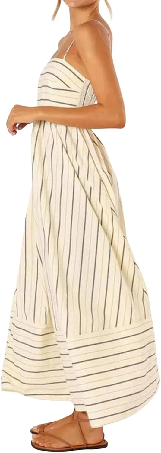 Smocked Dress Women Midi Striped Summer Maxi Dresses Sexy Spaghetti Strap Sleeveless Flowy Swing Boho Cutout Beach