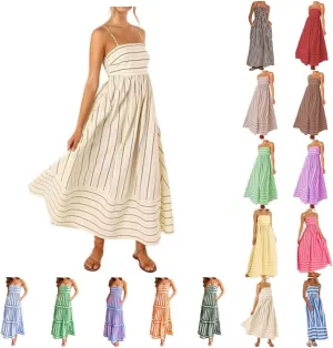 Smocked Dress Women Midi Striped Summer Maxi Dresses Sexy Spaghetti Strap Sleeveless Flowy Swing Boho Cutout Beach