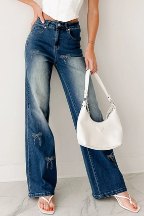 Soft & Sweet High Rise Straight Leg Bow Jeans (Med Wash) Soft & Sweet High Rise Straight Leg Bow Jeans (Med Wash)