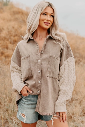 Softly Styled Knit Sleeve Denim POL Jacket (Chocolate/Almond) Softly Styled Knit Sleeve Denim POL Jacket (Chocolate/Almond)