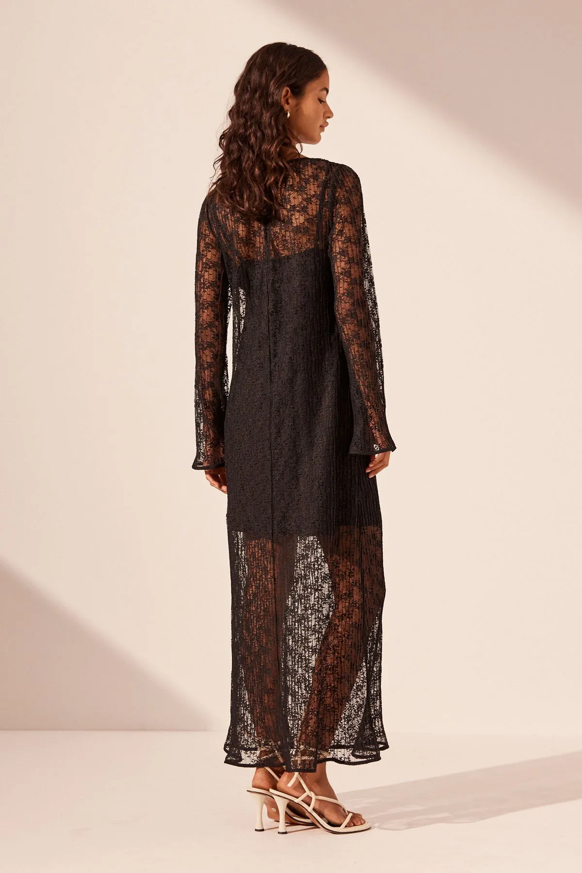 SOL LACE LONG SLEEVE MIDI DRESS - BLACK