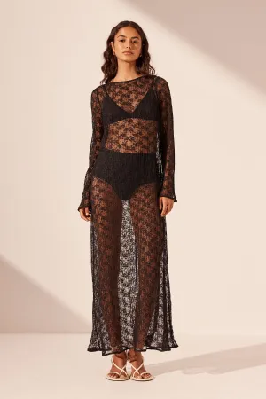 SOL LACE LONG SLEEVE MIDI DRESS - BLACK