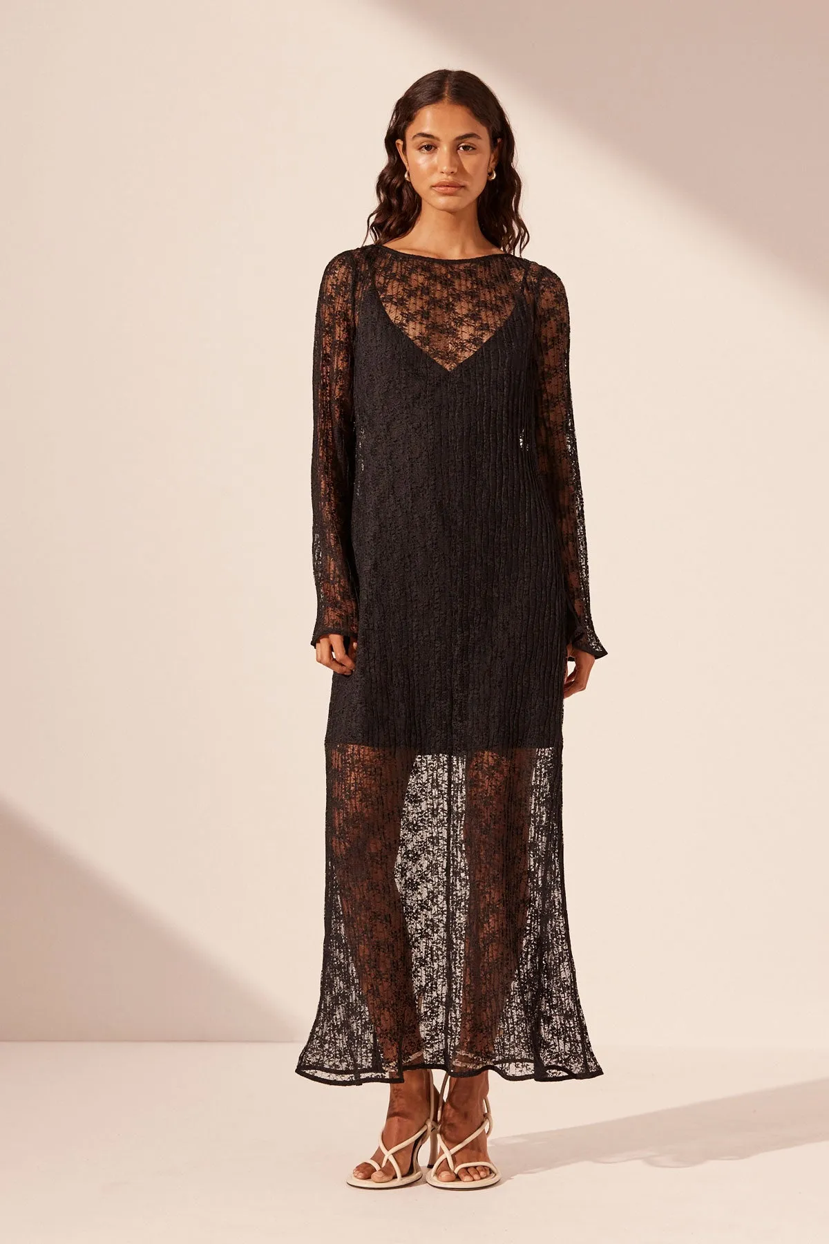 SOL LACE LONG SLEEVE MIDI DRESS - BLACK