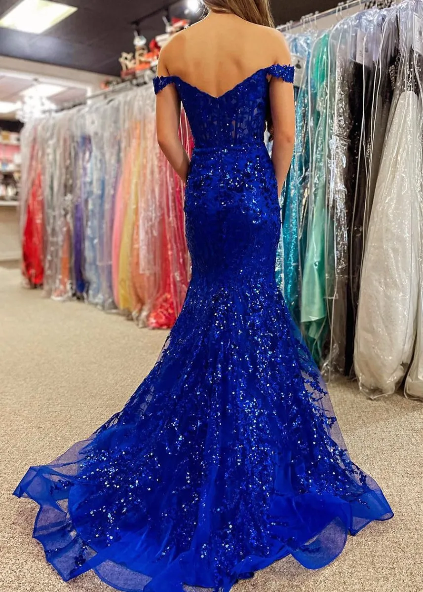 Soleil | Gold Sequin Lace Off the Shoulder Mermaid Prom Dress