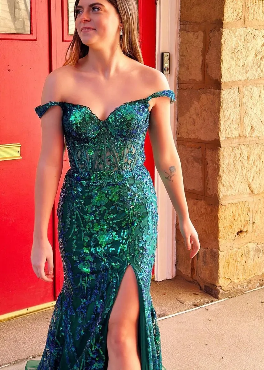 Soleil | Gold Sequin Lace Off the Shoulder Mermaid Prom Dress