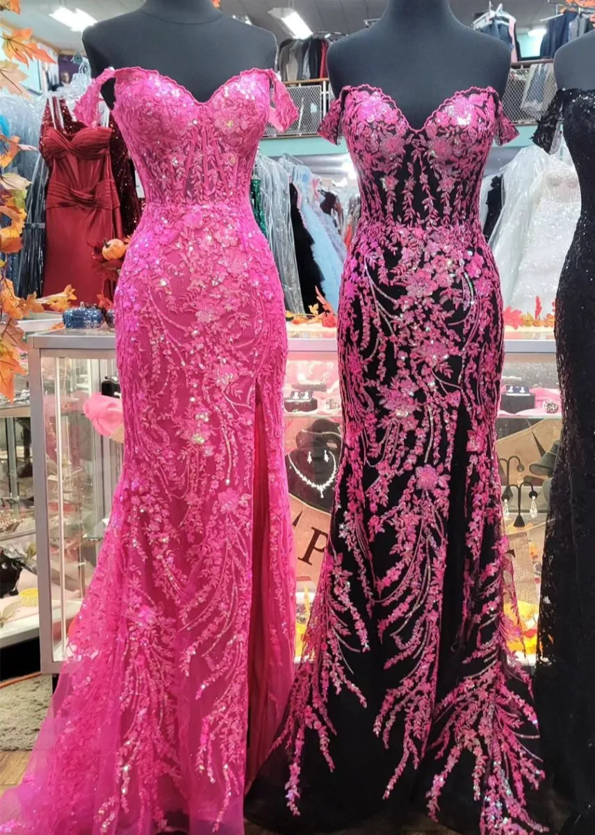 Soleil | Gold Sequin Lace Off the Shoulder Mermaid Prom Dress