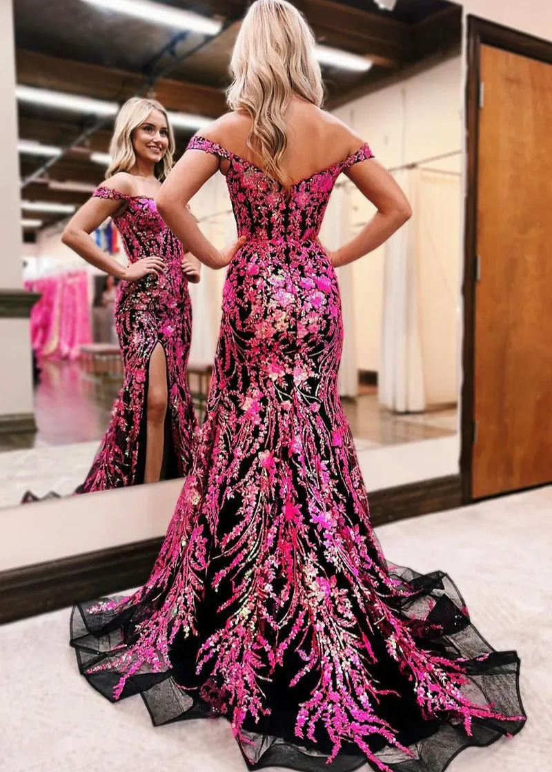 Soleil | Gold Sequin Lace Off the Shoulder Mermaid Prom Dress