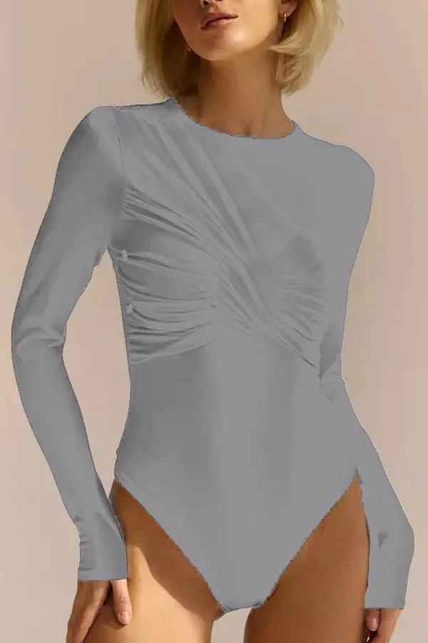 Solid Color Round Neck Long Sleeve Slim Fit Rompers