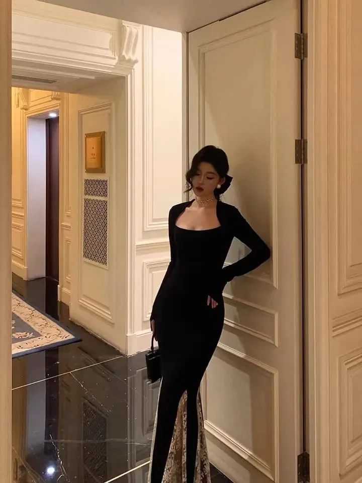 Solid Knit Lace Long Sleeve Square Collar Black Dresses M 534108