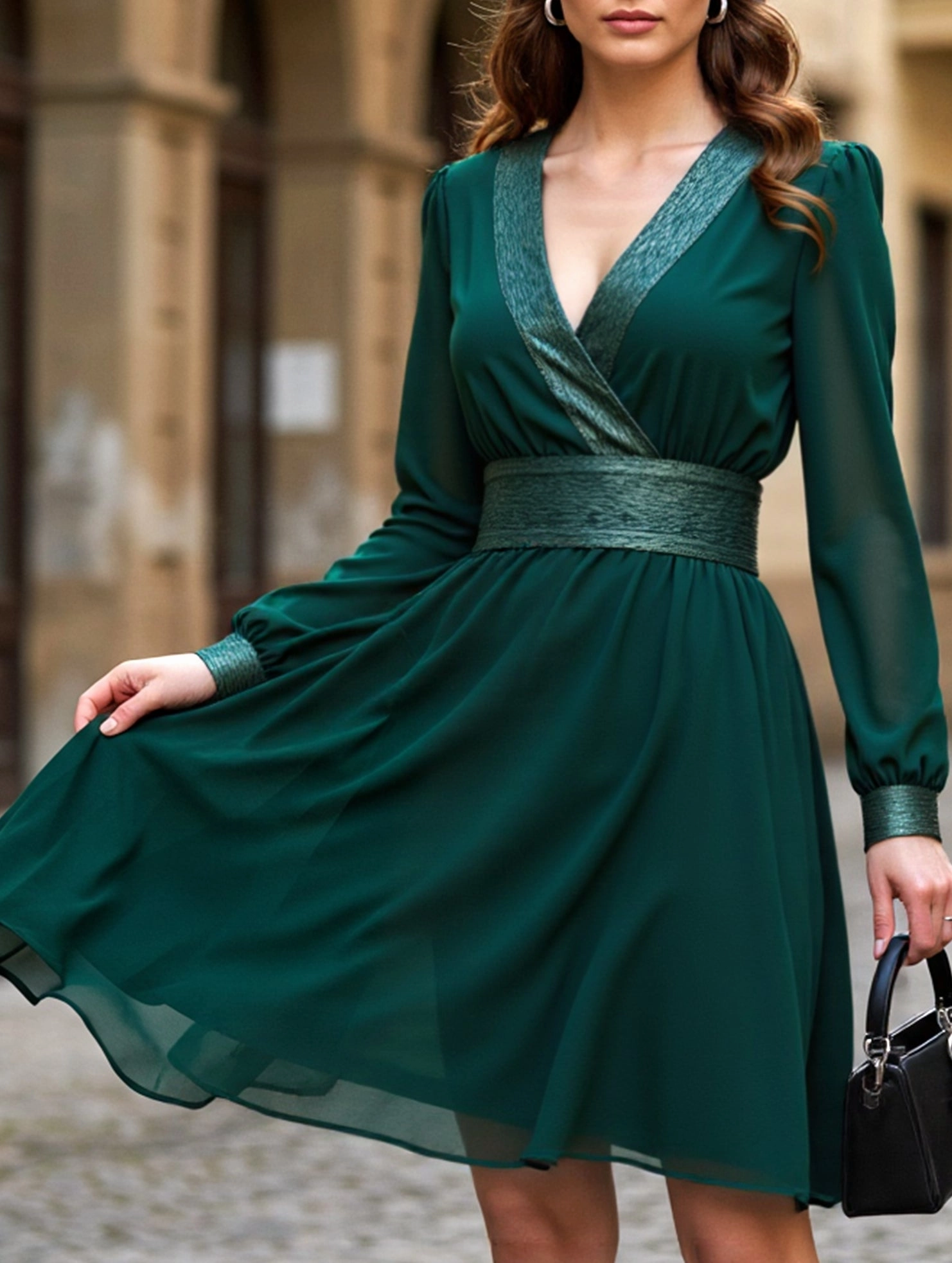 Solid color chiffon V-neck long-sleeved dress