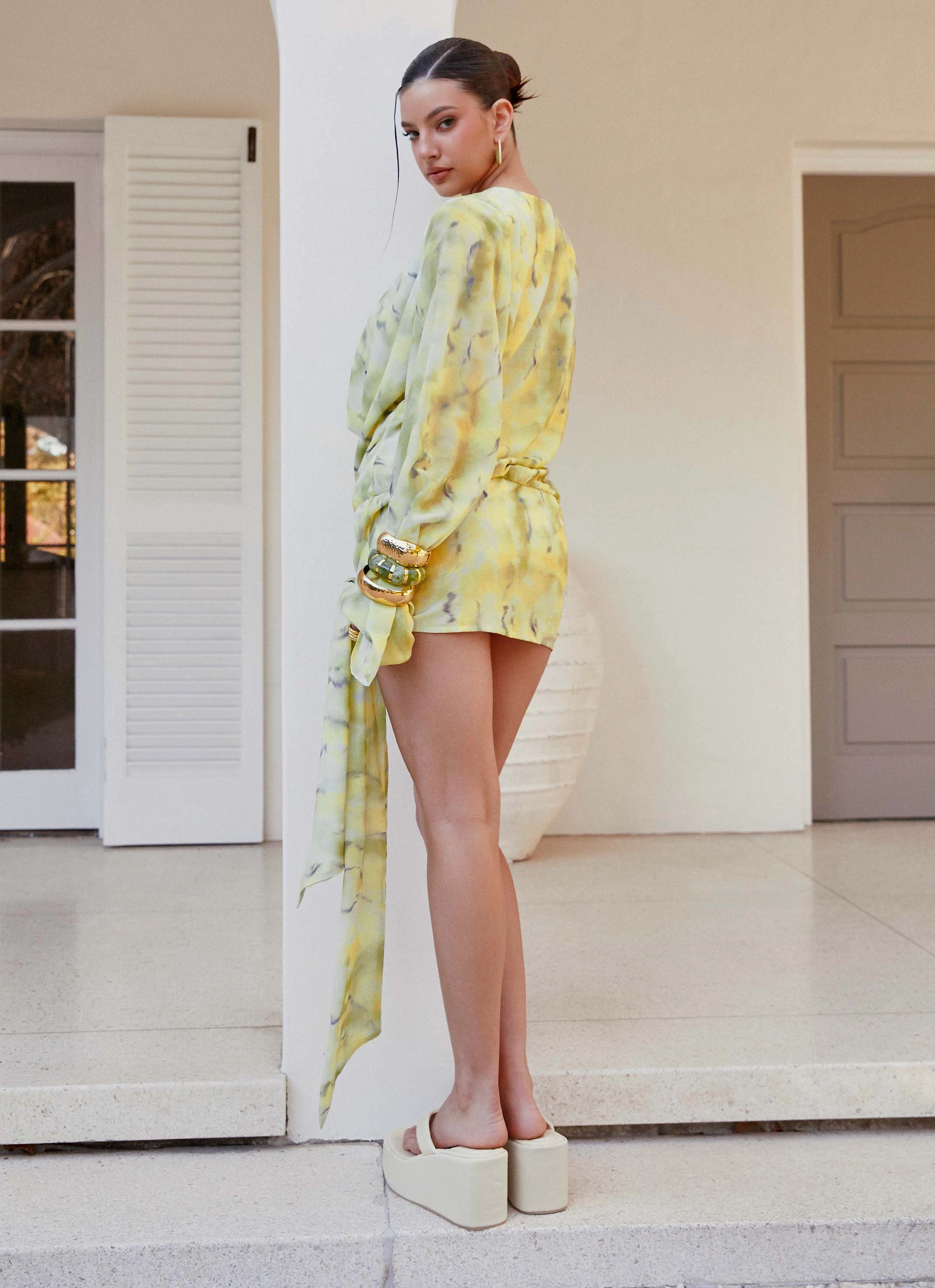 Sorrel Long Sleeve Mini Dress - Yellow Tie Dye