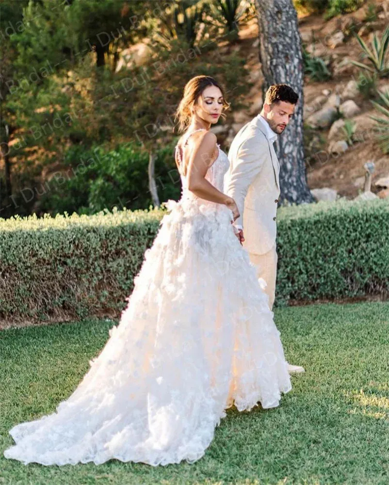 Spaghetti Strap 3D Floral Lace Wedding Dress – New Style Bridal Gown