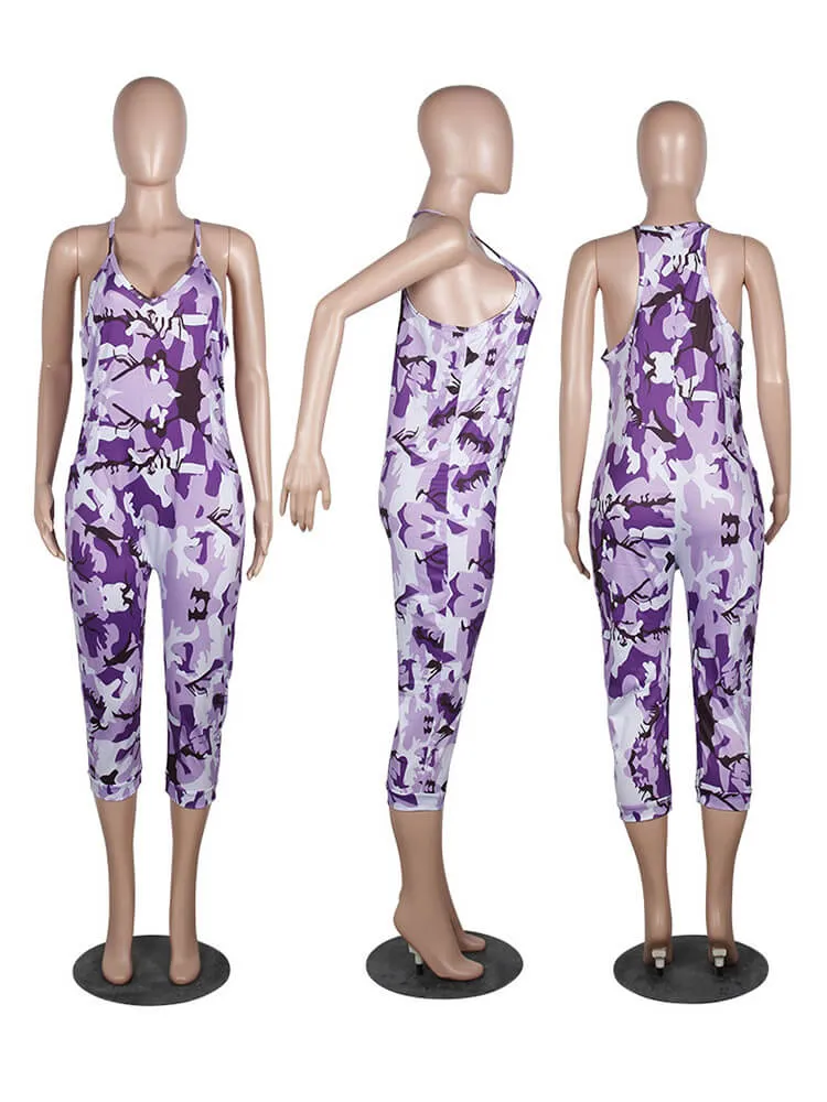 Spaghetti Strap Camouflage Loose Harem Jumpsuits Rompers