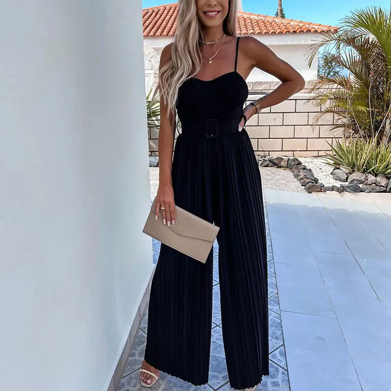 Spaghetti Strap Wide Leg Long Casual Jumpsuit with Belt