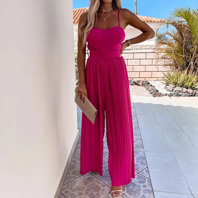 Spaghetti Strap Wide Leg Long Casual Jumpsuit with Belt
