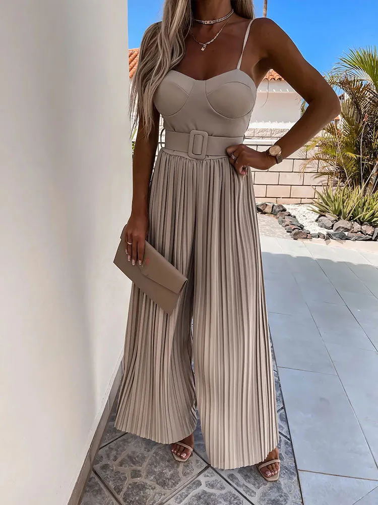 Spaghetti Strap Wide Leg Long Casual Jumpsuit with Belt