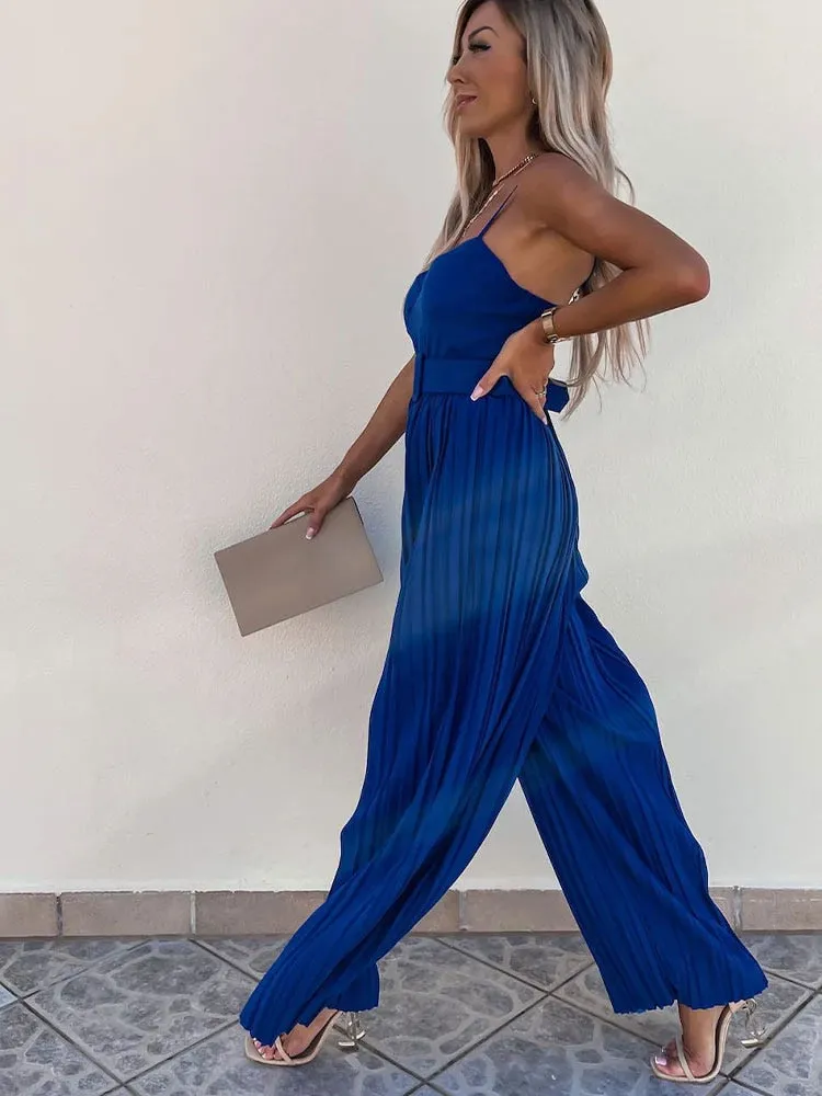 Spaghetti Strap Wide Leg Long Casual Jumpsuit with Belt