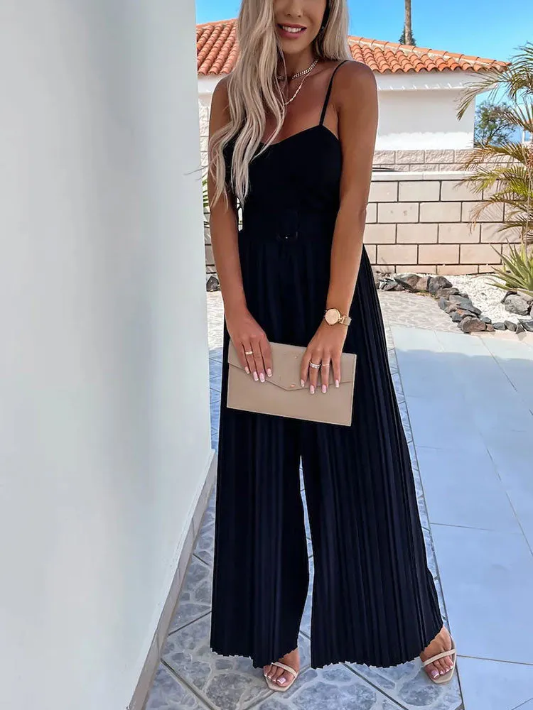 Spaghetti Strap Wide Leg Long Casual Jumpsuit with Belt