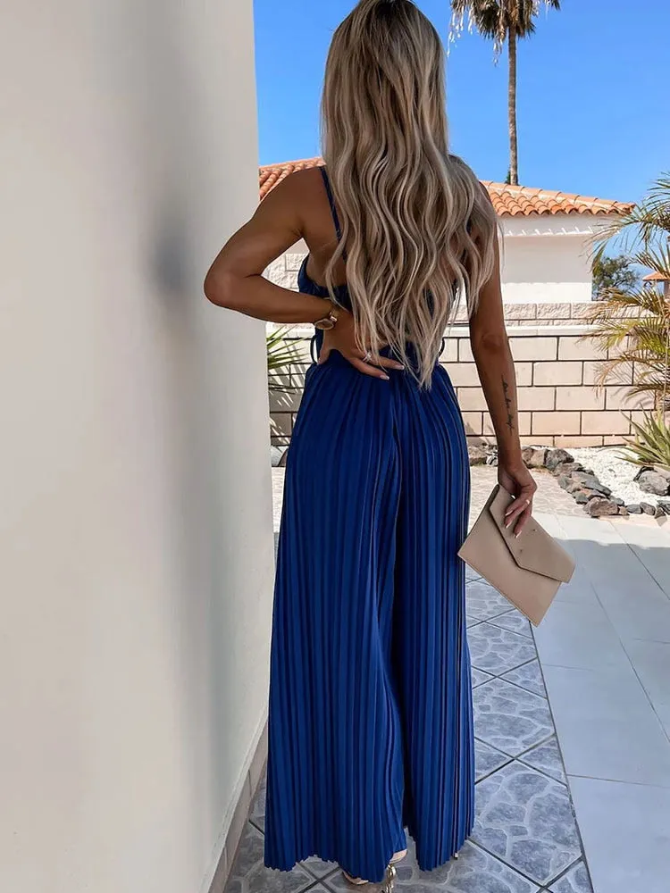 Spaghetti Strap Wide Leg Long Casual Jumpsuit with Belt