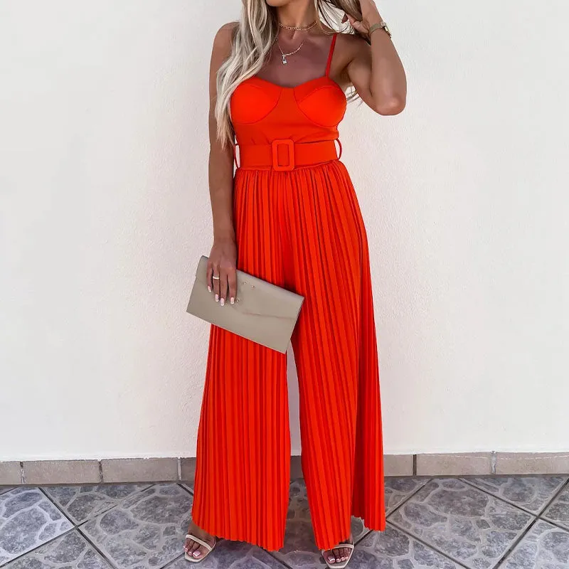 Spaghetti Strap Wide Leg Long Casual Jumpsuit with Belt