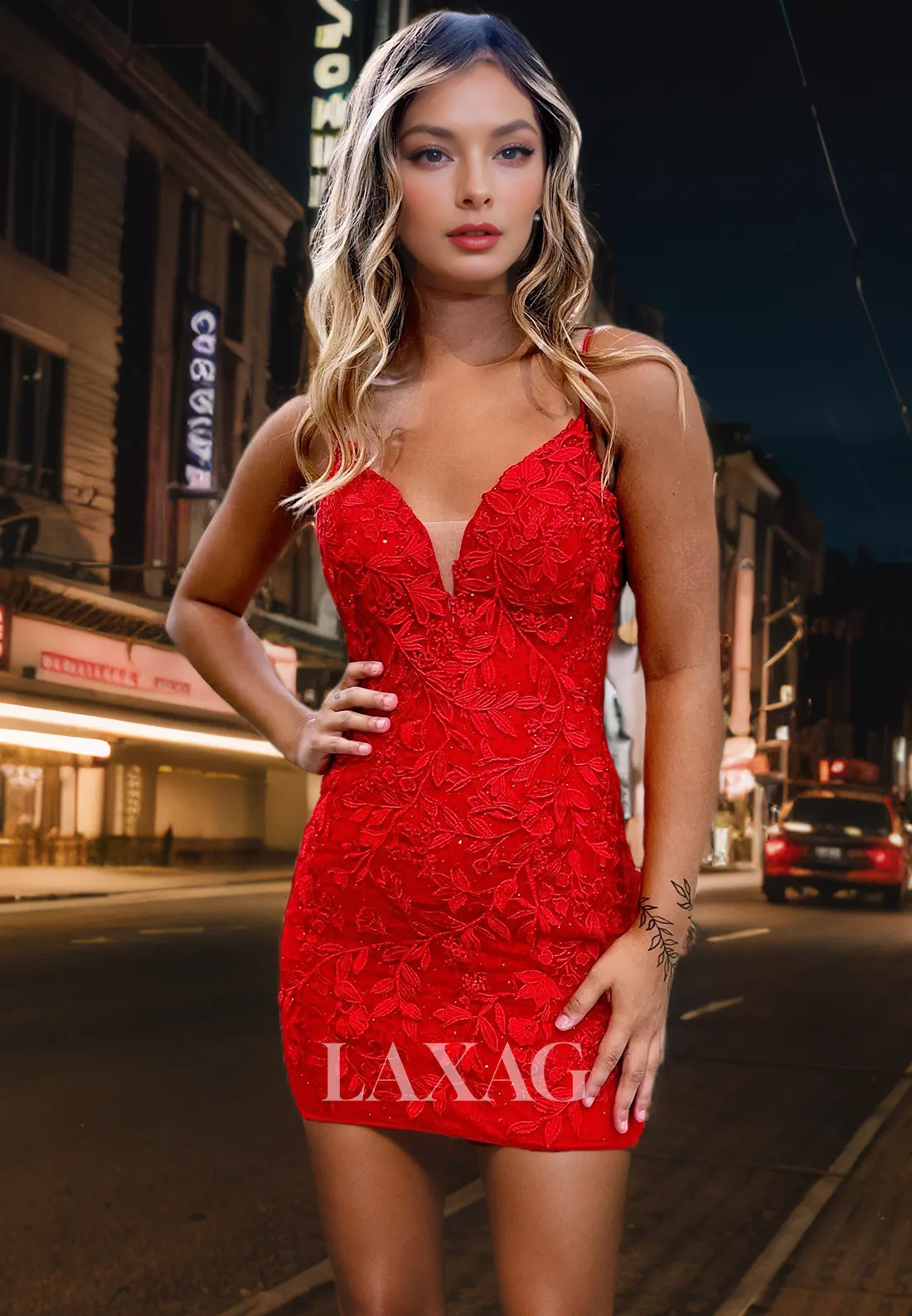 Spaghetti Straps Open Back Appliques Sequins Fitted Party Homecoming Dress