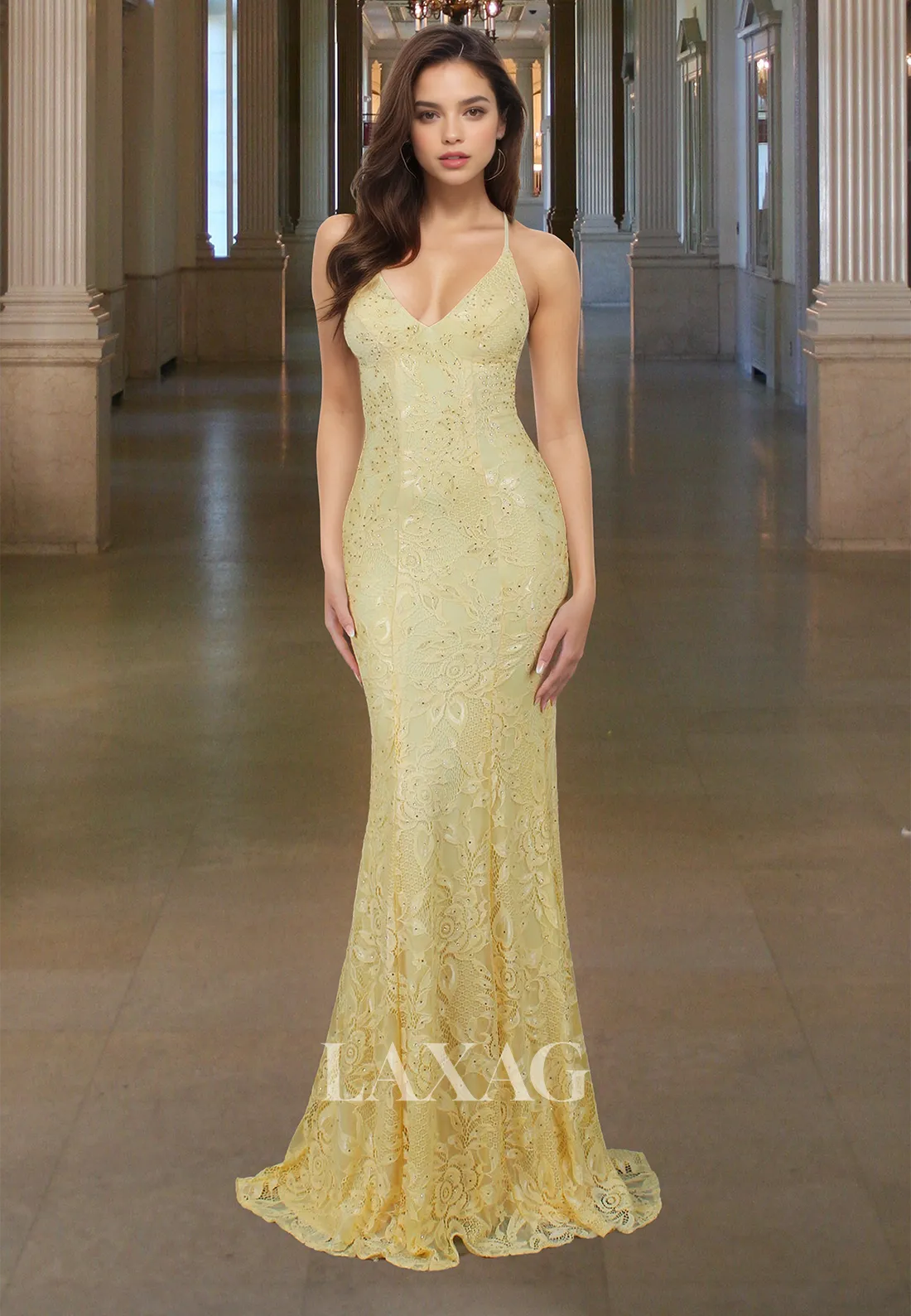 Spaghetti Straps Sleeveless Allover Lace Formal Gowns V-Neck Off-Shoulder Pleated Mermaid Prom Dress