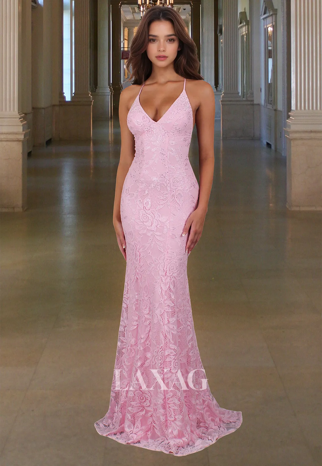 Spaghetti Straps Sleeveless Allover Lace Formal Gowns V-Neck Off-Shoulder Pleated Mermaid Prom Dress
