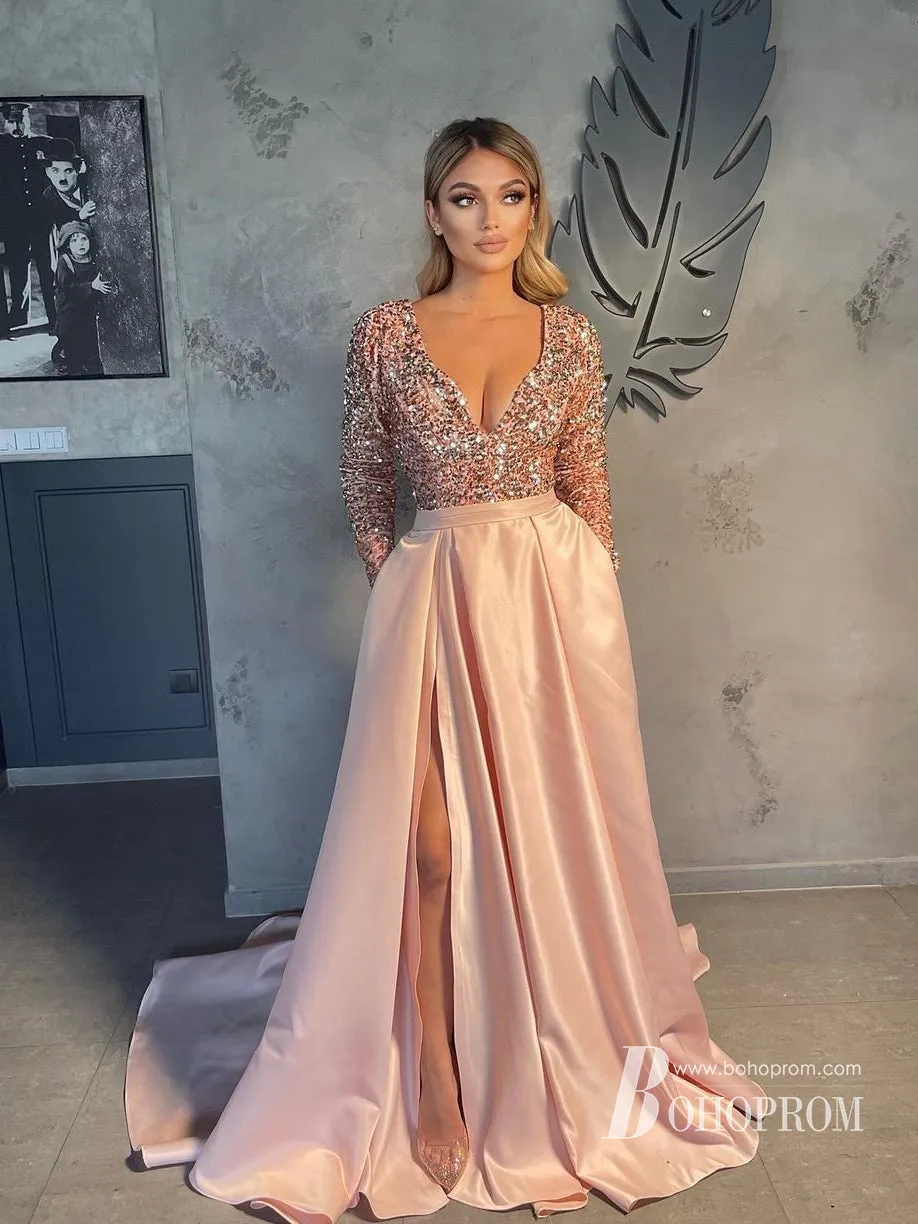 Sparking Sequin Lace Satin V-neckline Long Sleeves Prom Dresses A-line With Slit PD625