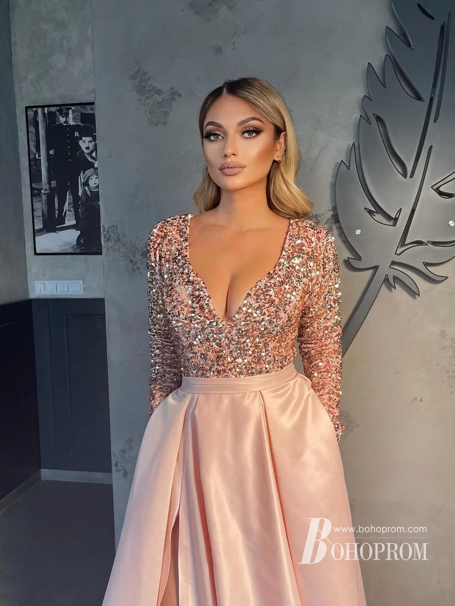 Sparking Sequin Lace Satin V-neckline Long Sleeves Prom Dresses A-line With Slit PD625