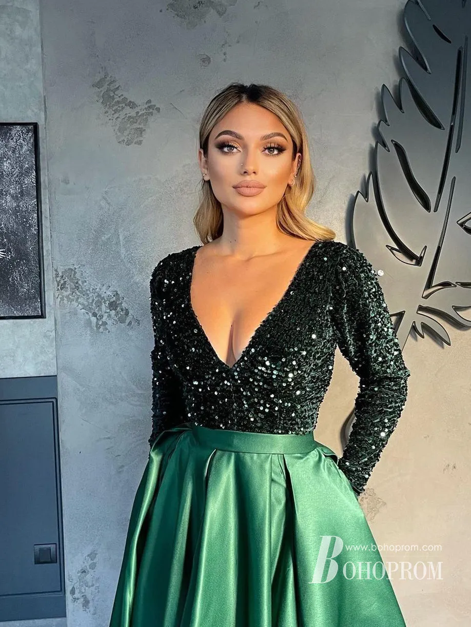 Sparking Sequin Lace Satin V-neckline Long Sleeves Prom Dresses A-line With Slit PD625