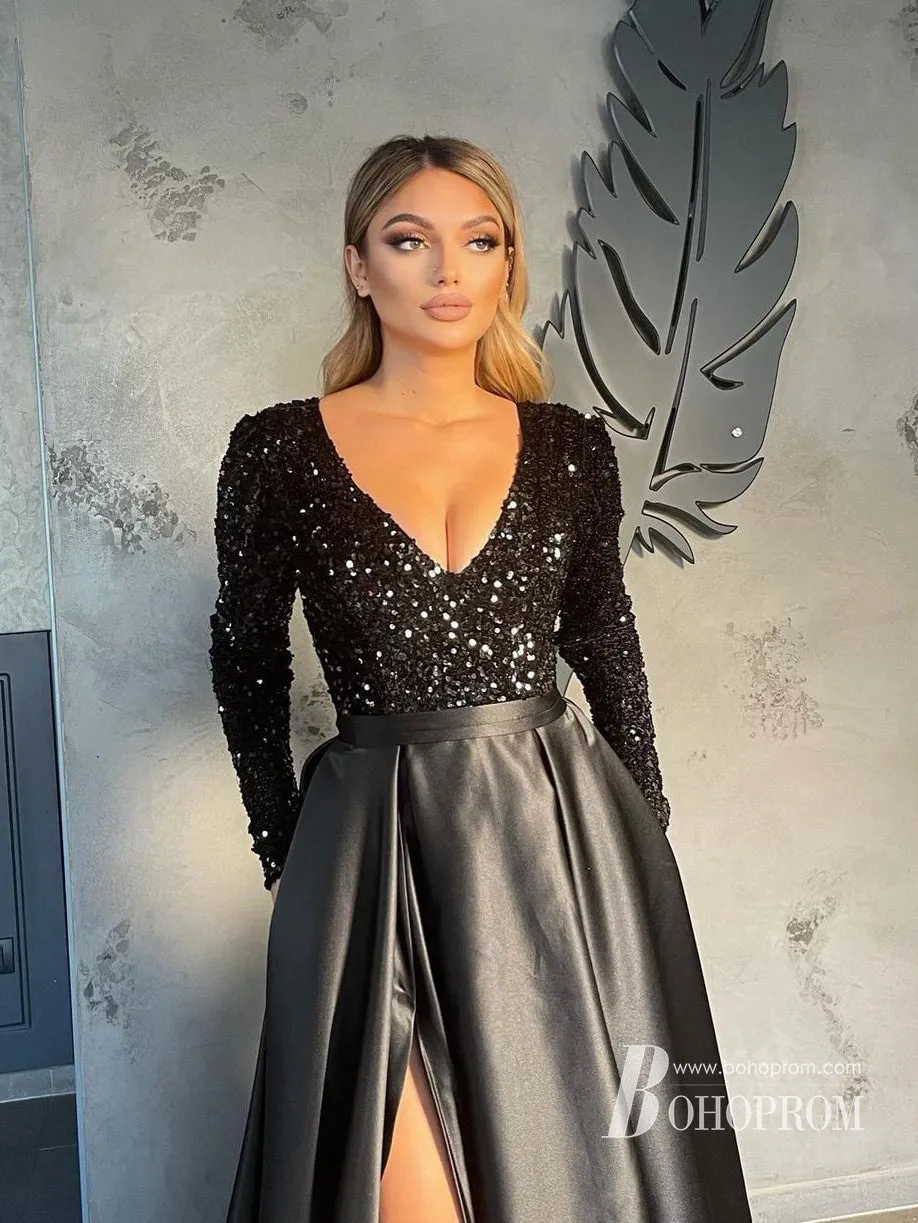 Sparking Sequin Lace Satin V-neckline Long Sleeves Prom Dresses A-line With Slit PD625