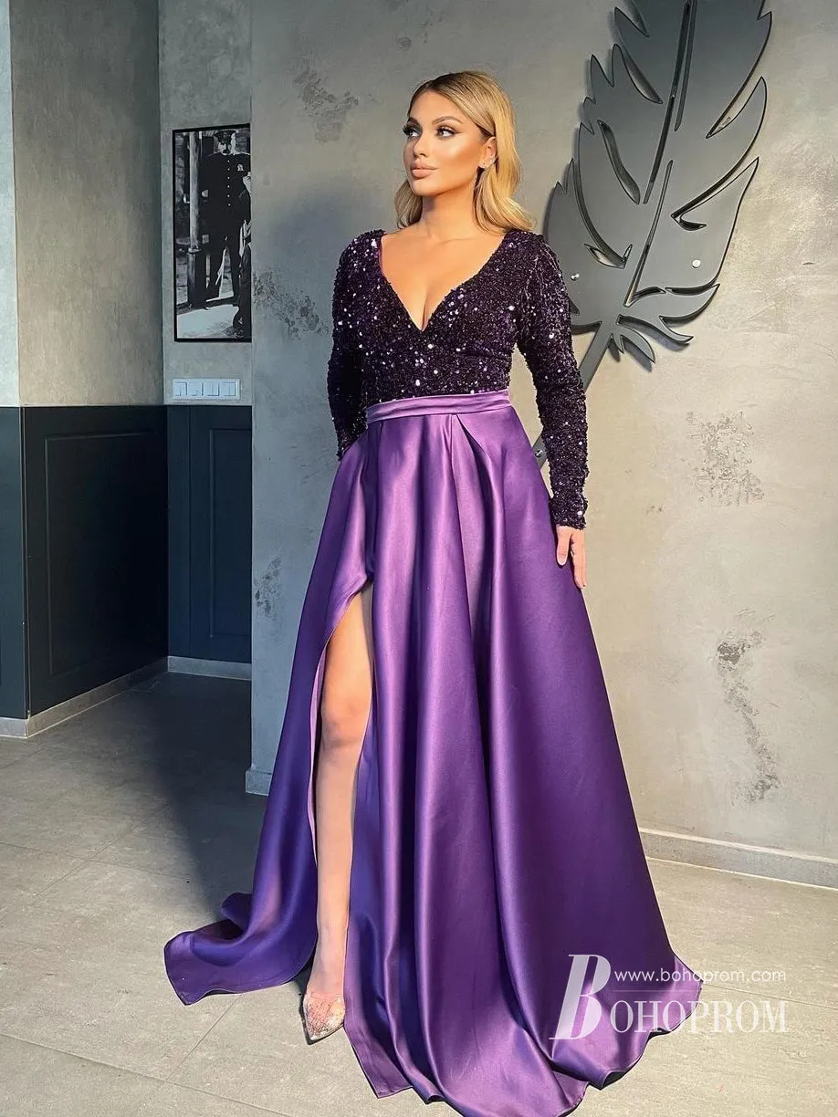 Sparking Sequin Lace Satin V-neckline Long Sleeves Prom Dresses A-line With Slit PD625