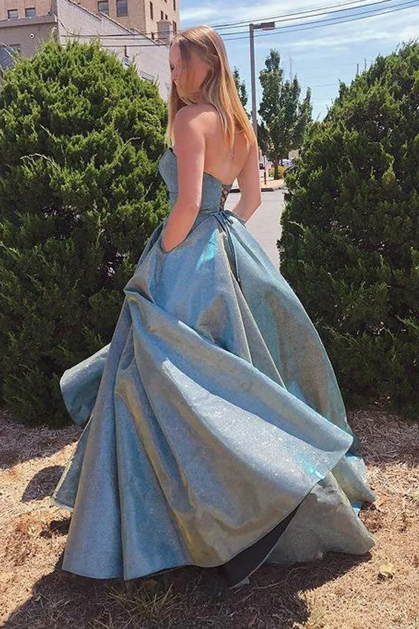 Sparkly A-Line Strapless Long Prom Dress, Evening Dresses With Pockets ZIK064