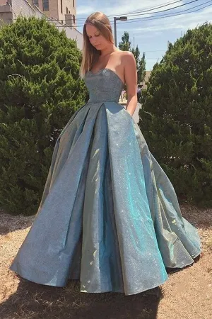 Sparkly A-Line Strapless Long Prom Dress, Evening Dresses With Pockets ZIK064