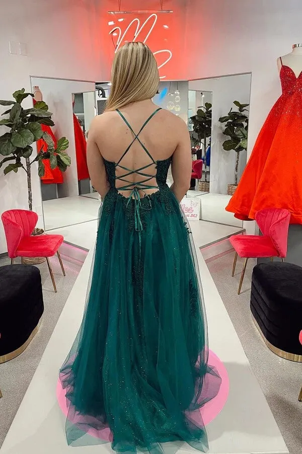 Sparkly Green Tulle Lace Appliqued Prom Dresses With Split, Evening Dress, SP794