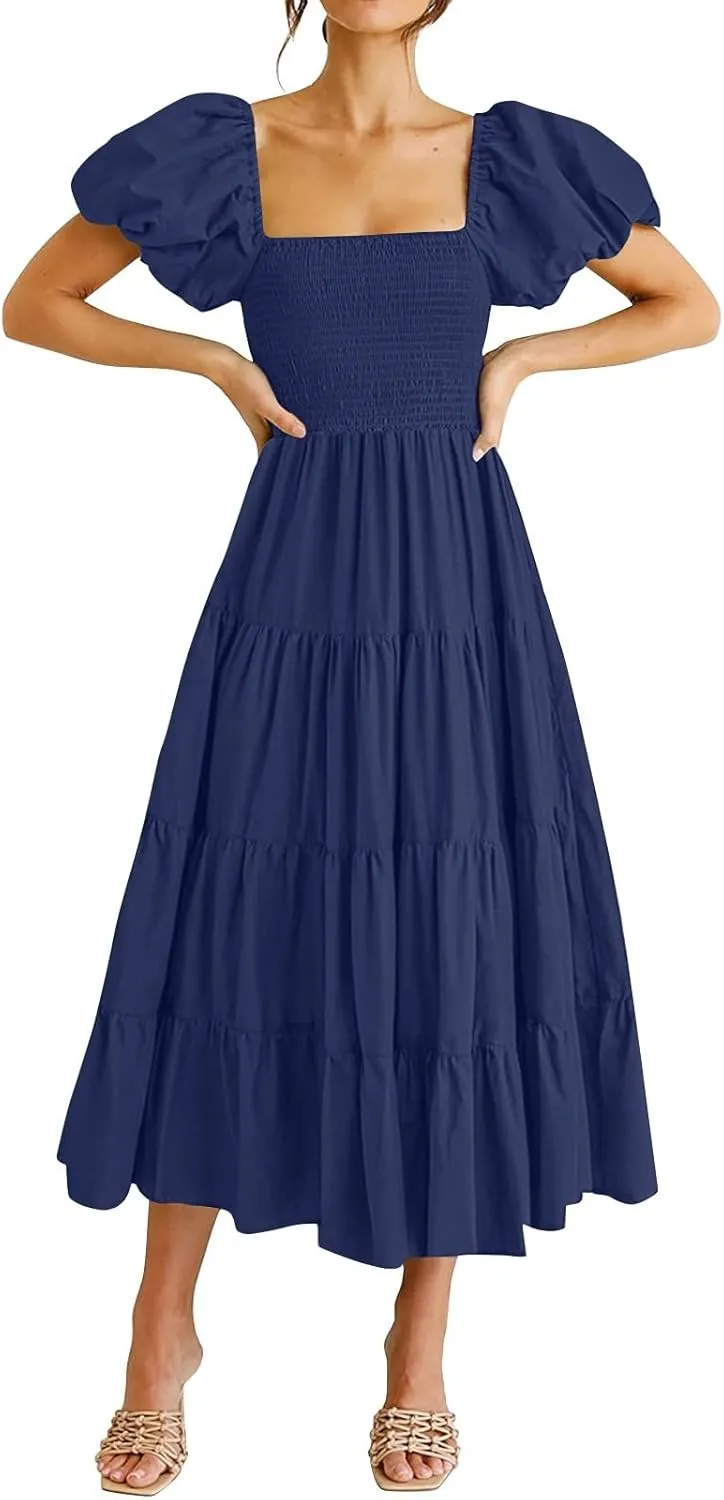 Spring Midi Dresses for Women 2025 Empire Waist Tiered Puff Sleeve Dress Aline Off The Shoulder Tea Party Dresses