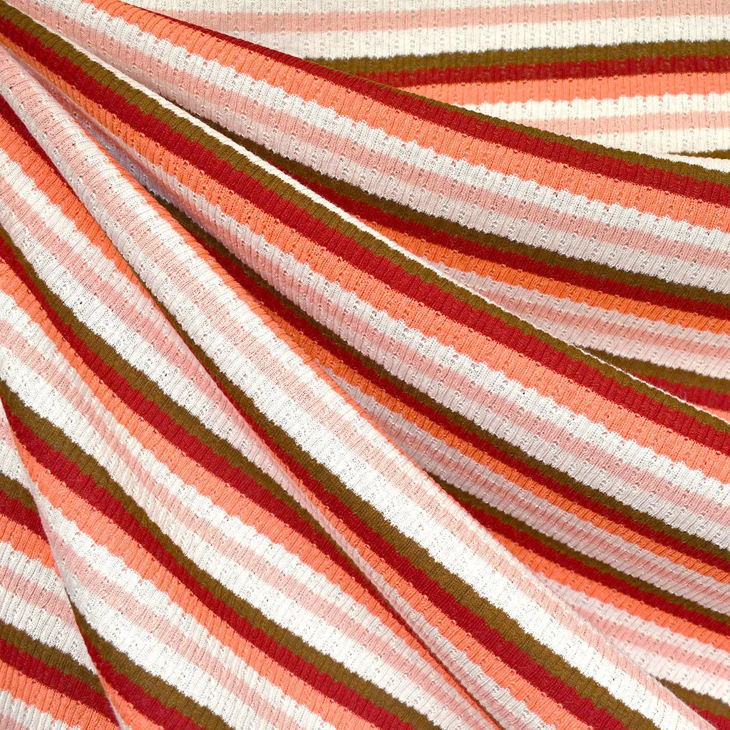 Spring Stripe Cotton Pointelle Sweater Knit Coral/Pink