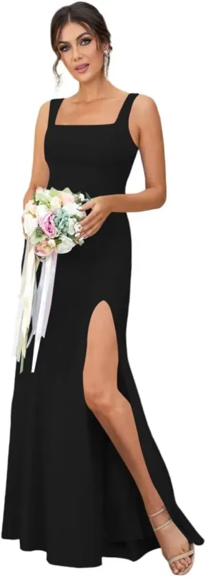 Square Neck Long Bridesmaid Dresses with Slit Straps Mermaid Chiffon Evening Dress for Women Formal Gown WO041