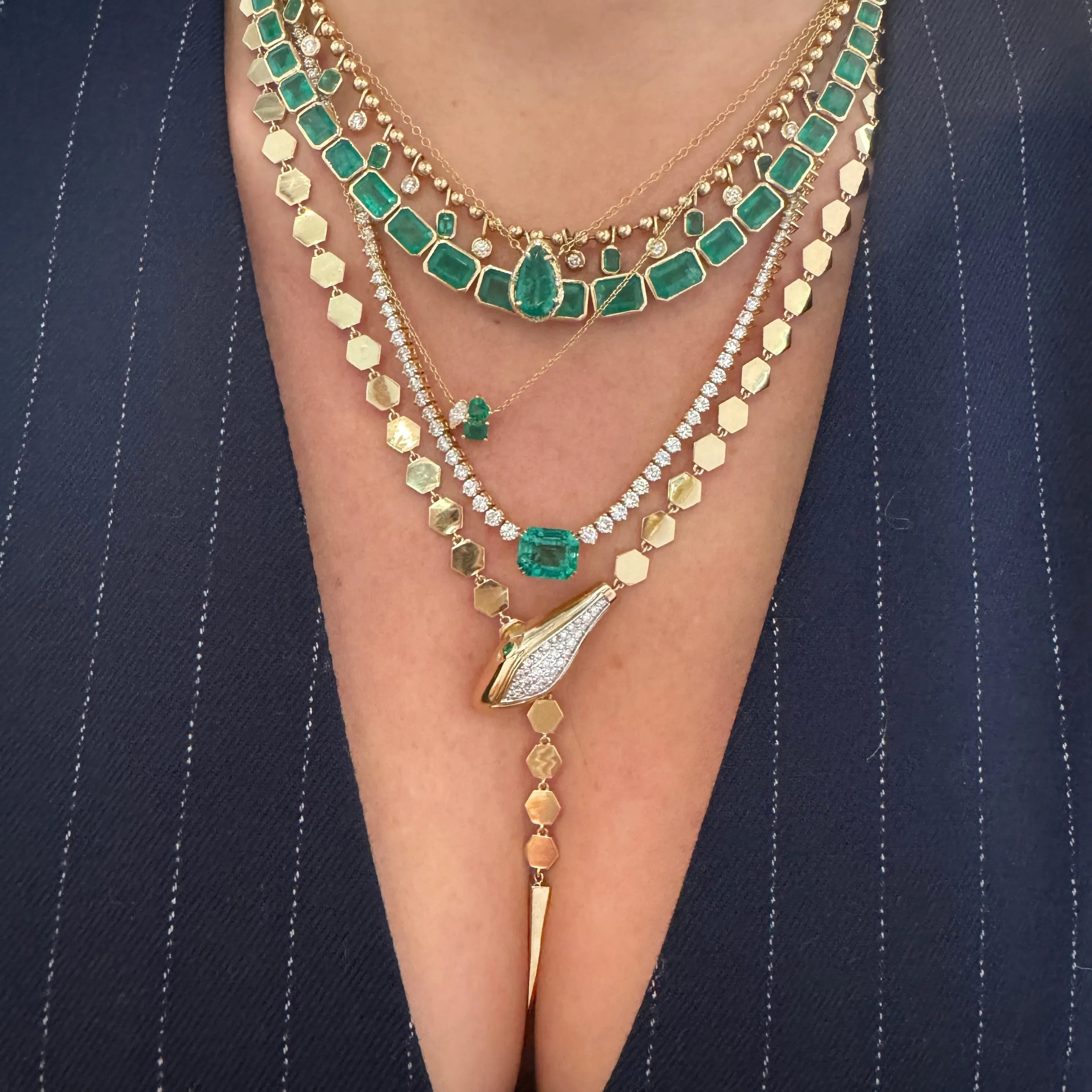 Statement Emerald Cut Emerald & Graduated Diamond Tennis Necklace