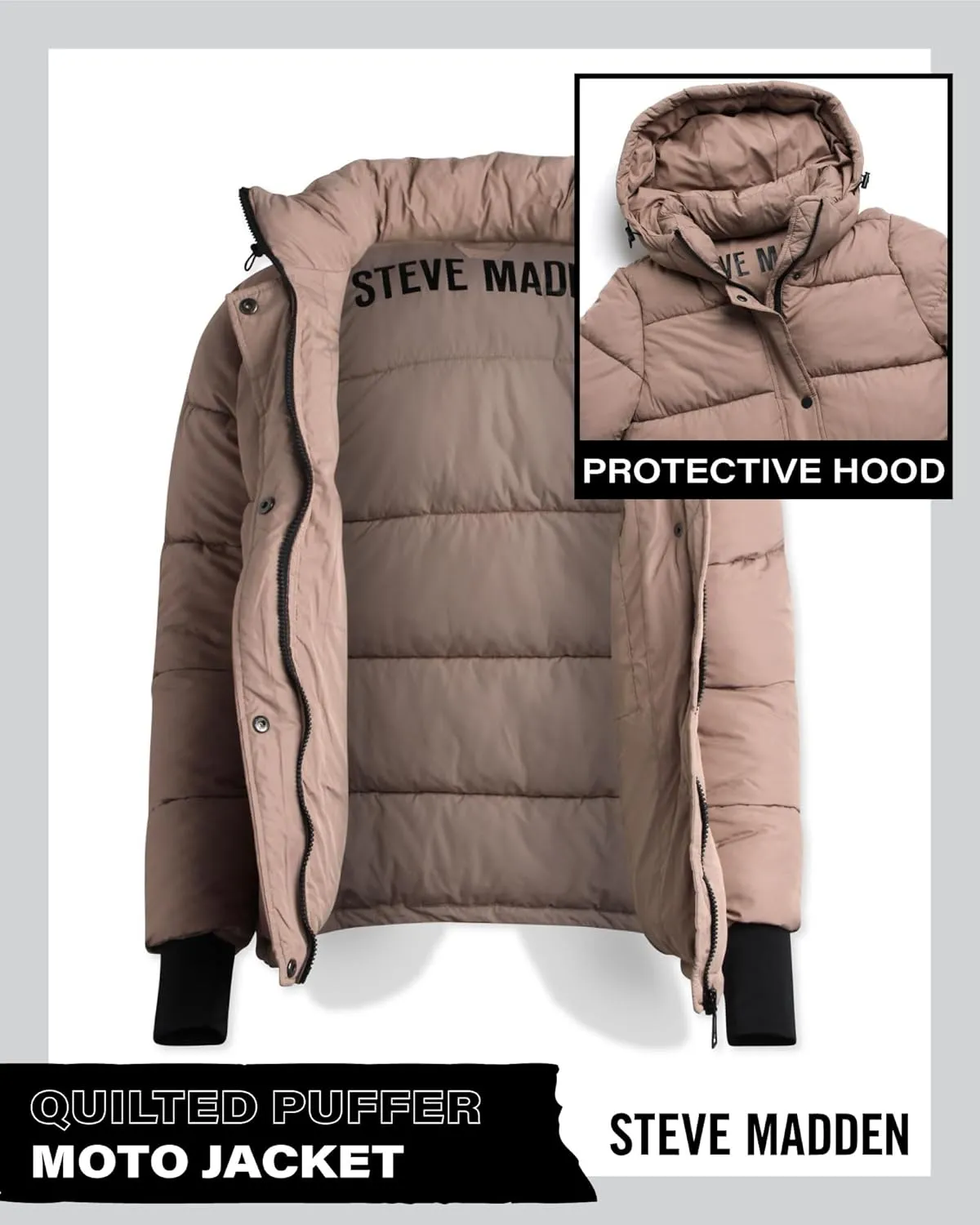 Steve Madden Quilted Moto Puffer Jacket - Heavyweight Hooded Winter Coat - Insulated Outerwear Jacket for Women (Sizes: S-XL)
