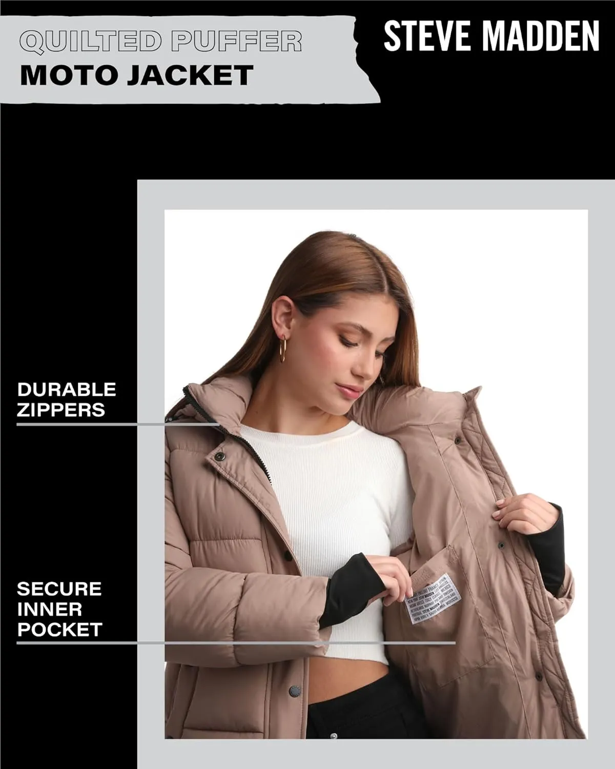 Steve Madden Quilted Moto Puffer Jacket - Heavyweight Hooded Winter Coat - Insulated Outerwear Jacket for Women (Sizes: S-XL)