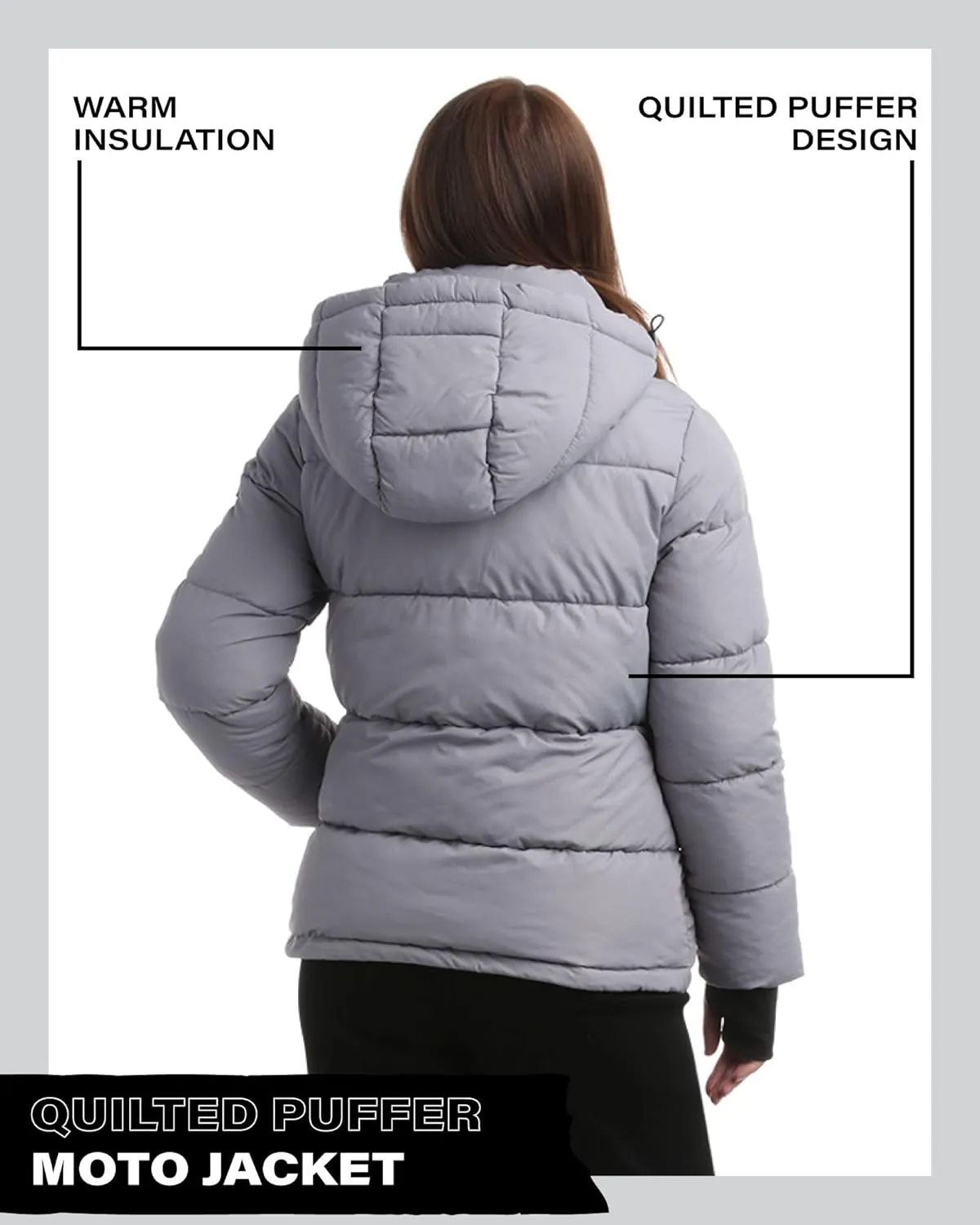 Steve Madden Quilted Moto Puffer Jacket - Heavyweight Hooded Winter Coat - Insulated Outerwear Jacket for Women (Sizes: S-XL)