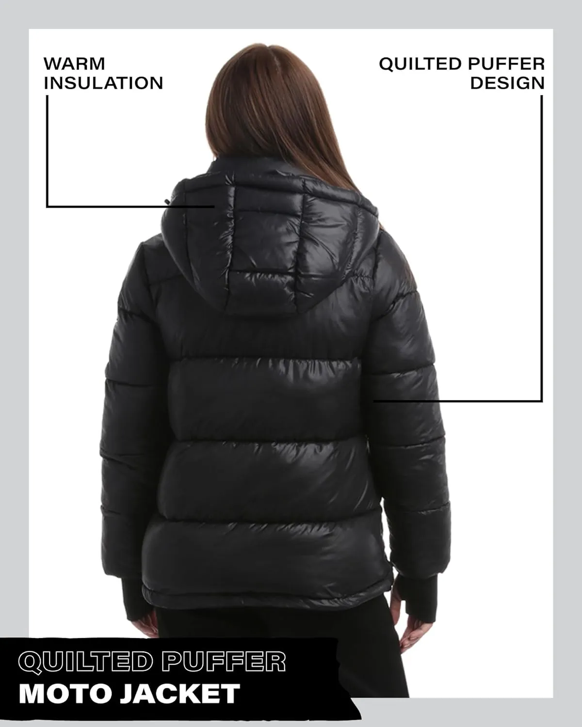 Steve Madden Quilted Moto Puffer Jacket - Heavyweight Hooded Winter Coat - Insulated Outerwear Jacket for Women (Sizes: S-XL)