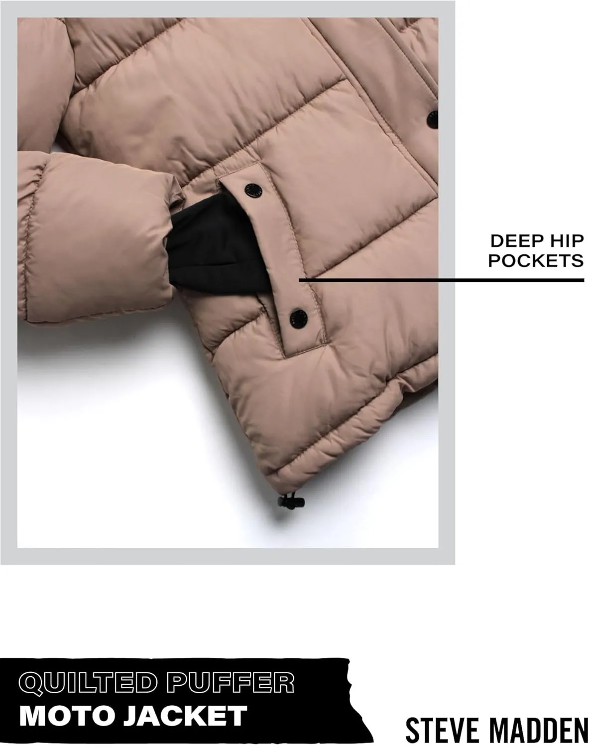 Steve Madden Quilted Moto Puffer Jacket - Heavyweight Hooded Winter Coat - Insulated Outerwear Jacket for Women (Sizes: S-XL)