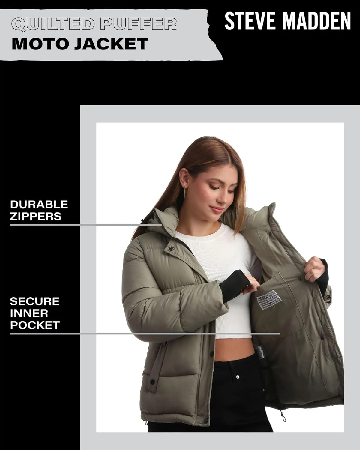 Steve Madden Quilted Moto Puffer Jacket - Heavyweight Hooded Winter Coat - Insulated Outerwear Jacket for Women (Sizes: S-XL)