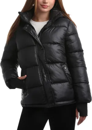 Steve Madden Quilted Moto Puffer Jacket - Heavyweight Hooded Winter Coat - Insulated Outerwear Jacket for Women (Sizes: S-XL)